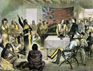 Der Indianerkrieg in den Vereinigten Staaten - der „Sitting Bull“ Rat mit Sitting Bull und Buffalo Bill in Fort Walsh, britisches Territorium, Oktober 1877 von Unknown artist