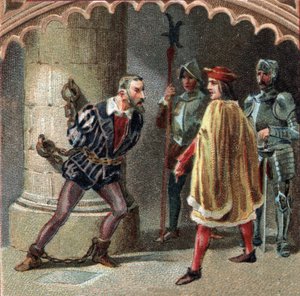 Der König von Frankreich Ludwig XII. lässt Ludovico Maria Sforza, genannt der Mohr (1452-1508), im Schloss von Loches in Touraine einsperren. Chromolithographie aus dem späten 19. Jahrhundert.