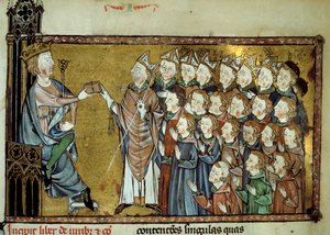 Der König von Frankreich Louis X der Hutin (1289-1316) übergab die Charta an die Normannen am 19/03/1315, die größere Unabhängigkeit und weniger Steuern für das Herzogtum Normandie vorsah. Miniatur aus einem Manuskript des 14. Jahrhunderts von Unknown artist