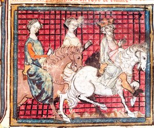 Der König der Franken Chilperic I. und Fredegonde auf einem Pferd (Miniatur aus „Grandes Chroniques de France“)