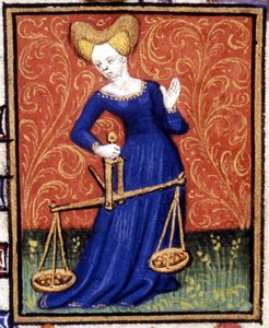 Die Waage. Miniatur eines Horoskops. Manuskript aus dem 15. Jahrhundert. Bibl. Trivulziana, Mailand