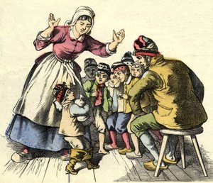 Der kleine Poulet und seine Brüder kehren zu ihren Eltern zurück. Illustration aus dem Märchen „Der kleine Däumling“ von Charles Perrault von Unknown artist