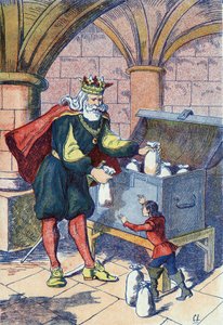 Der kleine Poulet wird vom König belohnt. Illustration zu „Der kleine Däumling“ von Charles Perrault