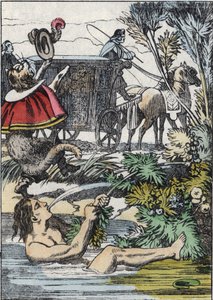 Der Marquis de Carabas täuscht vor, zu ertrinken, während der gestiefelte Kater um Hilfe ruft. Illustration aus Charles Perraults Märchen „Der gestiefelte Kater“ von Unknown artist