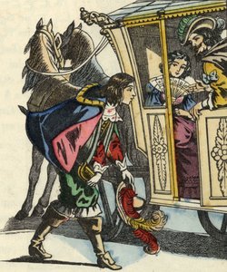 Der Marquis von Carabas begrüßt den König und die Prinzessin in ihrer Kutsche. Illustration des Märchens „Der gestiefelte Kater“ von Charles Perrault von Unknown artist