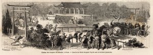 Der Mikado (Kaiser von Japan) Knappe Feld in Kioto (oder Kyoto), Trainings- und Übungsstrecke für kaiserliche Pferde. Gravur zur Illustration der Reise nach Japan, 1863-1864, von Aimé Humbert, Minister der Schweizerischen Eidgenossenschaft, in „Le tour du  von Unknown artist