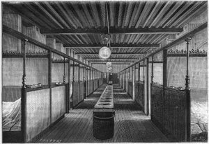 Die Monge-Schule im Jahr 1884 in Paris. Ein Schlafsaal mit Waschbecken. in „Nature. Revue der Wissenschaften und ihrer Anwendungen in Kunst und Industrie.“ von Unknown artist