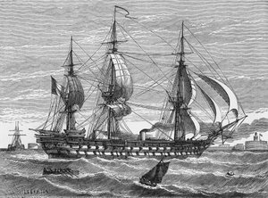 Die „Napoleon“, ein Mischschiff (Propeller-Segelboot) gebaut von Dupuy de Lome und Mon, 1849 in Le Havre vom Stapel gelaufen. In „Album de la Science“, Éditions Jouvet von Unknown artist