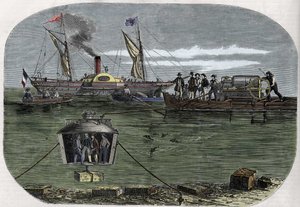 Die „Nautilus“ Taucherglocke von Dr. Antoine Prosper Payerne, experimentiert in der Seine, Paris, und dann in den USA perfektioniert. Gravur (1858) in Le „Monde illustré“.