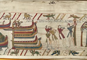 Die Normannen ziehen ihre Schiffe ins Meer, Teppich von Bayeux von Unknown artist