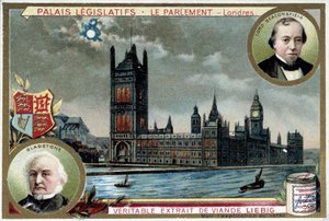 Der Palast von Westminster, oder Parlament von London (England), mit Porträts von William Ewart Gladstone (1809-1898) und Benjamin Disraeli, Lord Beaconsfield (1804-1881)