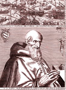Papst Pius V. schließt ein Bündnis mit der spanischen Flotte und der venezianischen Flotte gegen die Türken in der Schlacht von Lepanto im Oktober 1571 von Unknown artist