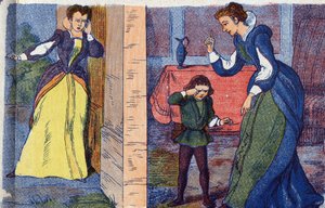 Die Königinmutter entdeckt den Rückzugsort der Königin und ihrer Kinder. Anonyme Illustration für „Dornröschen“, Märchen von Charles Perrault (1628-1703), französischer Schriftsteller. Bild von Marcel Vagne, Jarville Nancy, undatiert (spätes 19. Jahrhunder von Unknown artist