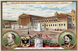 Der Reichsrath-Palast, Wien (Österreich), mit Porträts von Graf Friedrich Ferdinand de Beust (1809-1886) und Graf Gyula Andrassy (1823-1890) - Liebig Chromolithographie von Unknown artist