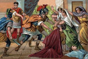 Der römische Kaiser Caracalla (188-217) ermordet seinen Bruder Geta im Arm seiner Mutter.