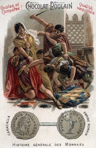 Der römische Kaiser Caracalla (188-217) ermordet seinen Bruder Geta in den Armen seiner Mutter. In der Allgemeinen Münzgeschichte. Schokoladen-Fohlen-Chromolithografie aus dem späten 19. Jahrhundert. Private Sammlung.