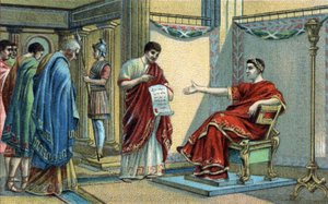Der römische Kaiser Konstantin (272-337) erließ die ersten religiösen Gesetze zur Gleichstellung der Glaubensrichtungen. Chromolithographie aus dem späten 19. Jahrhundert von Unknown artist