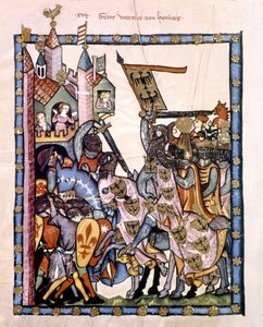 Der Schweizer Dichter und Ritter Graf Werner von Homberg (1284-1320) im Dienst von Kaiser Heinrich VII. belagerte eine Festung, die von den Anjou-Truppen von Sizilien verteidigt wurde. Miniatur des Codex „Manesse“ oder „Manessesche Liederhandschrift“ von Unknown artist