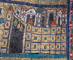 Die Vision des himmlischen Jerusalem: Detail von Jerusalem, dargestellt in einer befestigten Stadt. Mosaik um 830. Triumphbogen der Basilika Santa Prassede, Rom