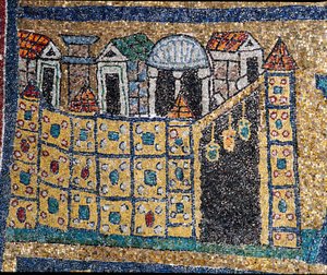 Die Vision des himmlischen Jerusalem: Detail von Jerusalem, dargestellt in einer befestigten Stadt. Mosaik um 830. Triumphbogen der Basilika Santa Prassede, Rom von Unknown artist