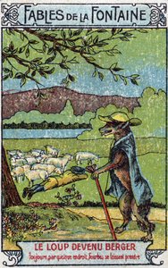 Der Wolf wurde Schäfer - Fabeln von Jean de La Fontaine (1621-95) - Chromolithographie des späten 19. Jahrhunderts Private Sammlung von Unknown artist