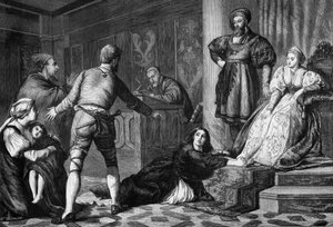 Die angeklagte Jüdin. Häresie im 15. Jahrhundert: Prozess gegen eine jüdische Frau, die der Hexerei an einem kranken Kind beschuldigt wird. Gravur nach Hogsons Gemälde. Gravur in "The Illustrous Universe" von Unknown artist