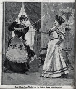 Die Folgen einer Rivalität: ein Schwertduell zwischen Frauen. Gravur in 