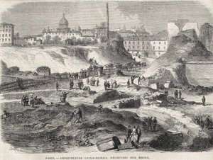Das gallo-römische Amphitheater entdeckt in der Rue Monge in Paris im Jahr 1870, heute die Arenes de Lutèce. Gravur des 19. Jahrhunderts