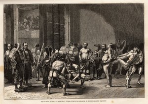 Die Vorbereitungen für das Sumo-Ringen, die Athleten wärmen sich auf, dehnen sich, stylen sich und konzentrieren sich vor dem Kampf. Gravur zur Illustration der Reise nach Japan, von Aime Humbert, Minister der Schweizerischen Eidgenossenschaft, 1863-1864, 