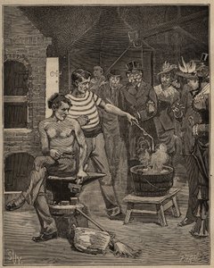 Die Kunst des Glases: Erfahrung mit Batavischen Tränen. Tropfen geschmolzenen Glases werden in ein kaltes Wasserbad getropft, das in Form von Tränen erstarrt. Gravur von 1885 in „Les arts et metiers illustres“ von Adolphe BITARD von Unknown artist