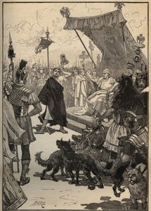 Die Kunst des Glases: gehärtetes Glas im antiken Rom. Ein Handwerker wirft eine Glasvase gegen Platten und das Objekt zerbricht nicht zur Überraschung der Zuschauer, darunter Kaiser Tiberius. Gravur von 1885 in „Les arts et metiers illustres“ von Adolphe B von Unknown artist