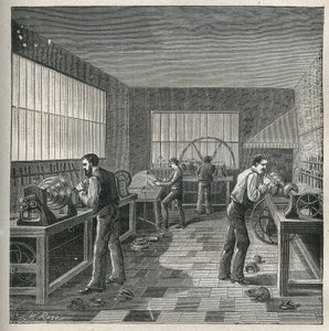 Die Kunst des Drehens: Metallarbeit in einer Werkstatt eines Dreher-Repellers. Gravur von 1885 in „Les arts et métiers illustrés“ von Adolphe Bitard.