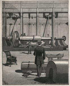 Die Kunst des Drehens: Schießen eines Stahlmonstergeschützes. Gravur von 1885 in „Les arts et métiers illustrés“ von Adolphe Bitard. von Unknown artist