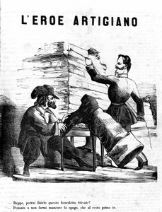 Die Handwerkerhelden Viktor Emanuel II. - Joseph, wann wirst du diesen Stiefel fertigstellen? Garibaldi - Lass mich den Faden nicht verlieren, um den Rest kümmere ich mich. Satirische Gravur von Il Fischietto
