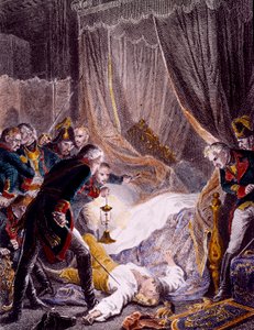 Die Ermordung von Paul I. Petrovich (1754-1801), russischer Zar, in seinem Zimmer im St. Michaelspalast nach erzwungener Abdankung. Gravur um 1801 von Unknown artist
