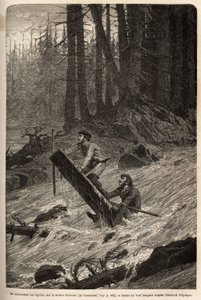 Der Autor und sein Reisender, Mcdonald, die Stromschnellen des Nittinaht-Flusses (Vancouver Island) auf einem provisorischen Floß hinunterfahrend. Gravur zur Illustration der Reise und Abenteuer in Englisch-Kolumbien, Vancouver Island und Alaska, von Frede