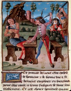 Die schlechten Auswirkungen des Spiels, des Diebstahls und des Kampfes. Zwei Spieler bedrohen sich mit ihren Waffen Miniatur aus „Das Buch der guten Sitten“ von Jacques der Große (1360-1415/1418), gewidmet Jean Herzog von Berry