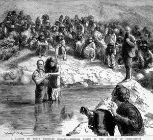 Die Taufe eines Indianers in Nordamerika durch einen Mormonen, der sich vor der Kamera als Apostel des Christentums darstellt. Illustration des 19. Jahrhunderts von Unknown artist