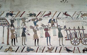 Die Schlacht zwischen den englischen Infanteristen (Harolds Truppen) und den normannischen Reitern (Guillaumes Truppen) - Teppich von Bayeux, bekannt als Stickerei der Königin Mathilde von Unknown artist