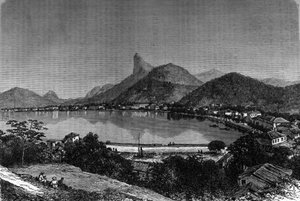 Die Bucht von Rio de Janeiro in Brasilien. Im Hintergrund der „Zuckerhut“. Gravur im „Journal de la jeunesse“ von Unknown artist