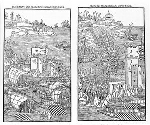 Die Eroberung von Rhodos durch die Türken 1522. Die Türken greifen die Festung St. Nikolaus an. Xylographie. von Unknown artist