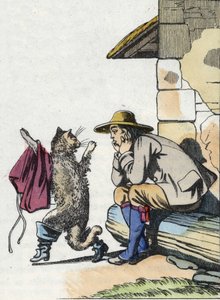 Der Kater bittet seinen Herrn um Kleidung und Stiefel und verspricht bald reich zu sein. Illustration des Märchens „Der gestiefelte Kater“ von Charles Perrault
