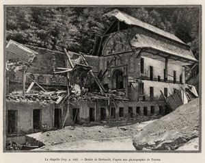 Die Kapelle, zerstört durch das Überlaufen der Arve. Berteault-Gravur zur Illustration der Geschichte „Die Katastrophe von Saint Gervais les Bains“ von Unknown artist