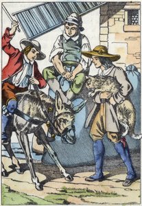 Die Kinder des verstorbenen Müllers teilen sein Erbe: Esel, Mühle und Kater. Illustration des Märchens „Der gestiefelte Kater“ von Charles Perrault von Unknown artist