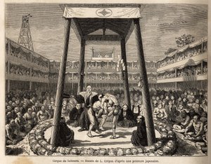 Der Zirkus der Ringer, die auf ihren Kampf warten, findet in der Arena unter dem Holzkäfig statt; ringsum beobachtet die Menge der Zuschauer und Wettenden die Kämpfe mit Leidenschaft. Illustration der Reise nach Japan, von Aime Humbert, Minister der Schwe von Unknown artist