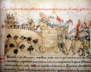 Die Stadt Florenz eroberte Pietrabuona, das später von den Einwohnern von Lucca übernommen wurde - in „Croniche del Sercambi“, um 1400. Nationalarchiv, Lucca