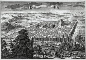 Die Stadtmauern von Babylon umgeben die hängenden Gärten und den Turm von Babel von Unknown artist