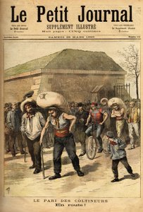 Die Wette der Coltineure, Sacklasten von 100 Kilogramm, die Wette besteht darin, Paris und Corbeil zu Fuß zu verbinden (32 Kilometer), Gewinner Jean Labas absolvierte das Rennen in 14 Stunden (12 Stunden vor dem Zweiten). Gravur in „Le petit journal“ 25/03 von Unknown artist