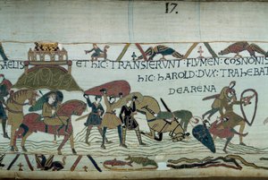 Die Eroberung der Bretagne durch die Armee des Herzogs der Normandie Wilhelm der Eroberer (1027-1087): das Überqueren des Flusses Couesnon auf der Höhe von Mont Saint Michel, Männer und Pferde versinken im Treibsand (Detail des Teppichs von Bayeux oder Sti von Unknown artist