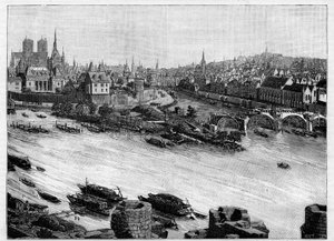Der Bau der Pont Neuf in Paris, der durch den Square du Vert-Galant am Ende der Ile de la Cite führt. Die ersten Arbeiten im Jahr 1578. Gravur in "Le Monde illustré" von Unknown artist